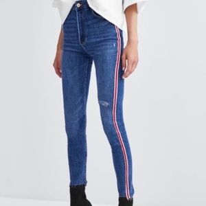 Zara High-waisted Skinny Jeans with Red Stripe